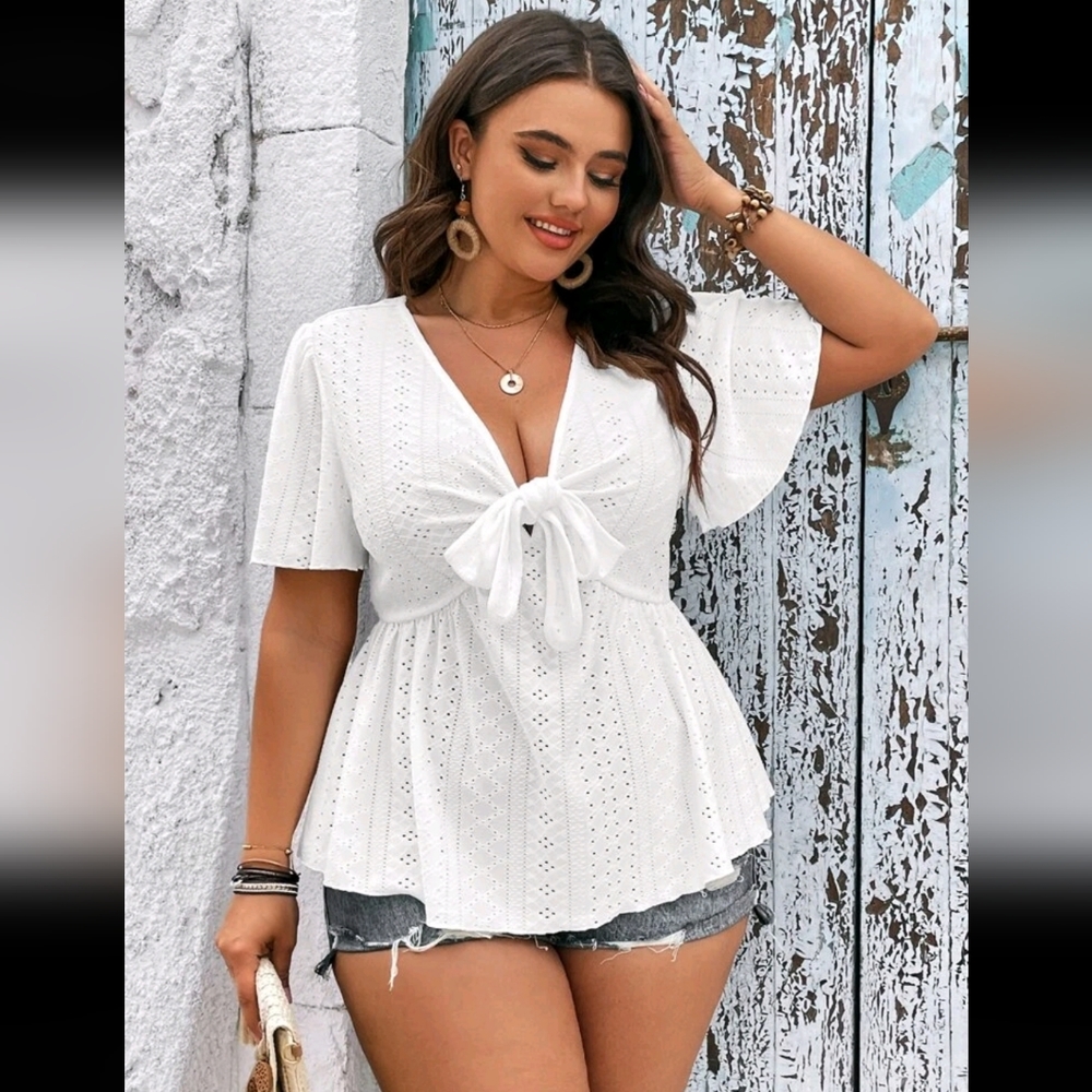 White Tie-Front Eyelet Blouse